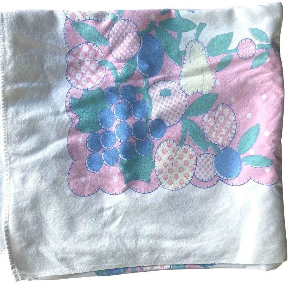 Vintage Fruit Tablecloth Pink Blue 51x 58 Cotton Mid Century Spring Summer